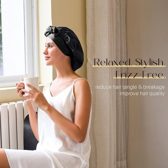 Silk Bonnet Women Double Layer Sleep Cap Ties Hair Wrap for Long Hair main image 4